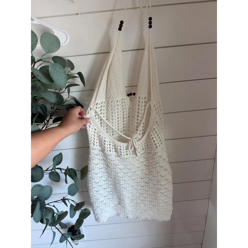 SHEIN Crochet Halter Neck Cover Up White Boho Beach Dress Size L - Picture 3 of 4